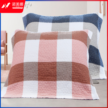 沐凡 枕巾纯棉一对 纱布加厚四季枕头巾 褶皱格粉色75*50cm（对）