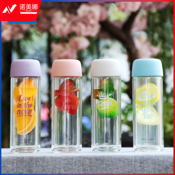 乐扣乐扣（LOCK&LOCK）LLG628 双层耐热玻璃杯 马卡龙色带茶网大口径个性贴图时尚水杯300ml