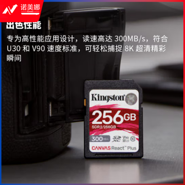 金士顿（Kingston）256GB SD存储卡 U3 V90 8K 相机内存卡 高速sd卡大卡 读速300MB/s 写速260MB/s  SDR2/256GB