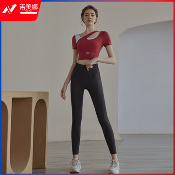 时尚健身跑步服运动套装 红色上衣+灰色长裤  尺码备注