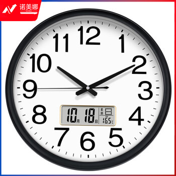 Timess 挂钟表客厅万年历时钟现代简约16英寸双日历温度石英钟家用挂表 优雅黑30厘米日历款