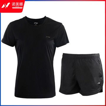 李宁（LI-NING）瑜伽服套装女夏季短袖短裤速干透气健身跑步运动服416+612 L码 黑色