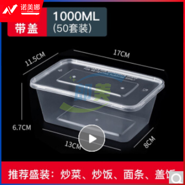 一次性饭盒餐盒长方形透明塑料快餐盒300只装1000ml  DBJ202306291416010