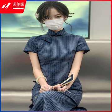 蓝色旗袍改良年轻款少女高级感棉麻连衣裙2024年夏季新款气质优雅