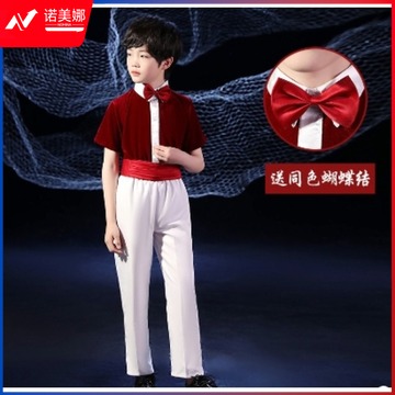 红欣 元旦儿童合唱服演出服朗诵表演服装 酒红色男款短袖送同色蝴蝶结+腰封