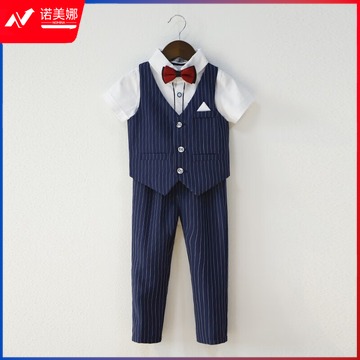 温格 儿童西装男童礼服小主持人服装花童六一儿童节演出服表演服夏季 蓝色马甲+裤子+领结表演类