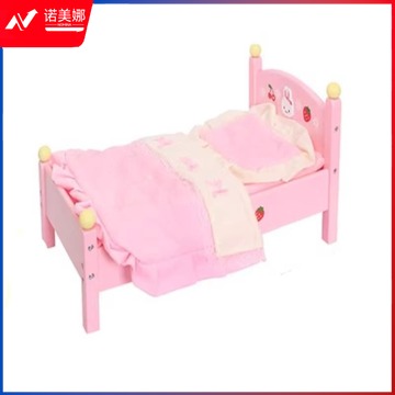 妙普乐 儿童过家家木制娃娃床女孩玩具床 仿真木质摆件床 小号床+床上三件套